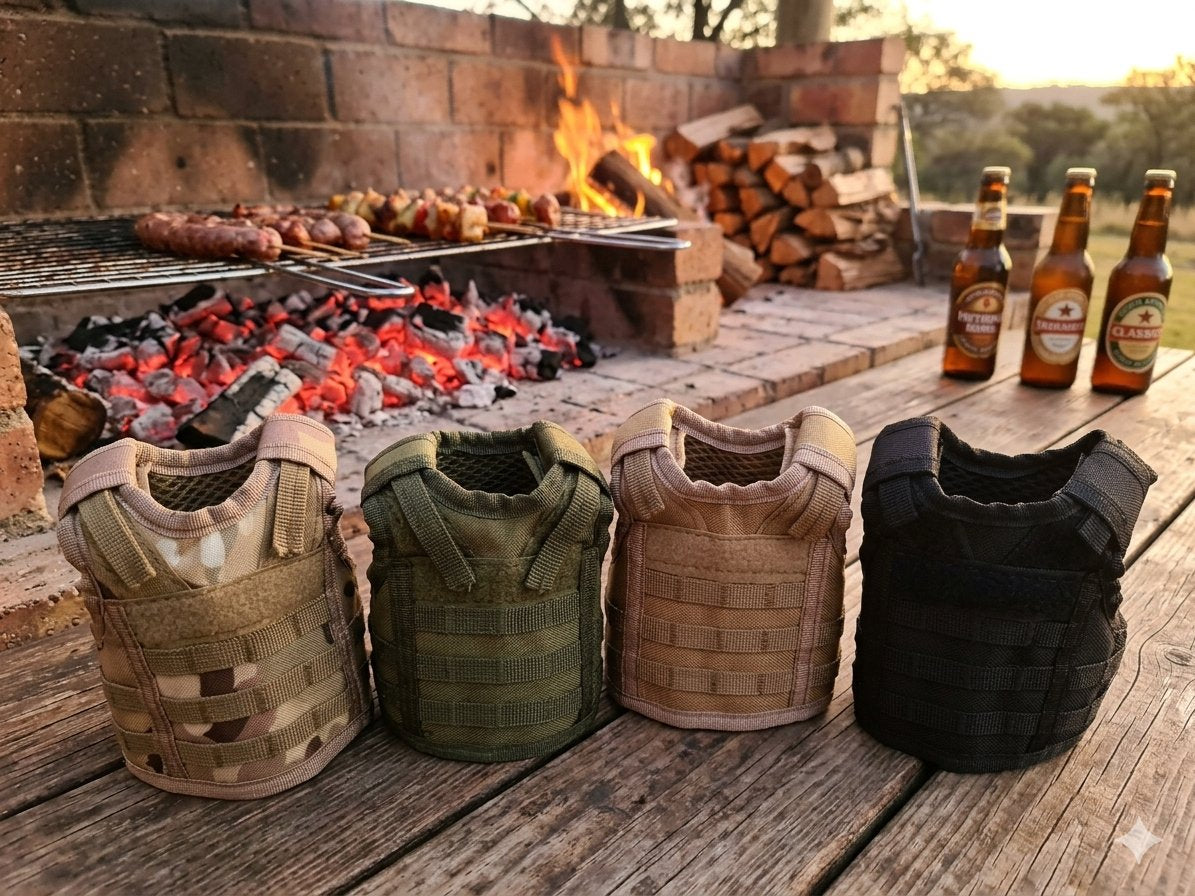 All four tactical beer koozies at a campfire - Camo, Olive Green, Tan and Black