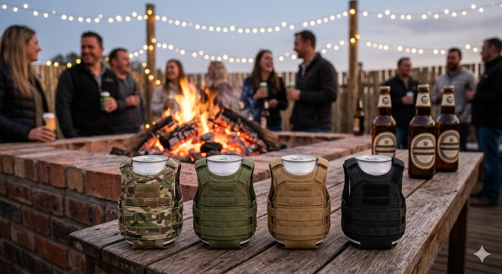 Four tactical beer koozies at a braai fire - Tan, Olive Green, Tan and Black