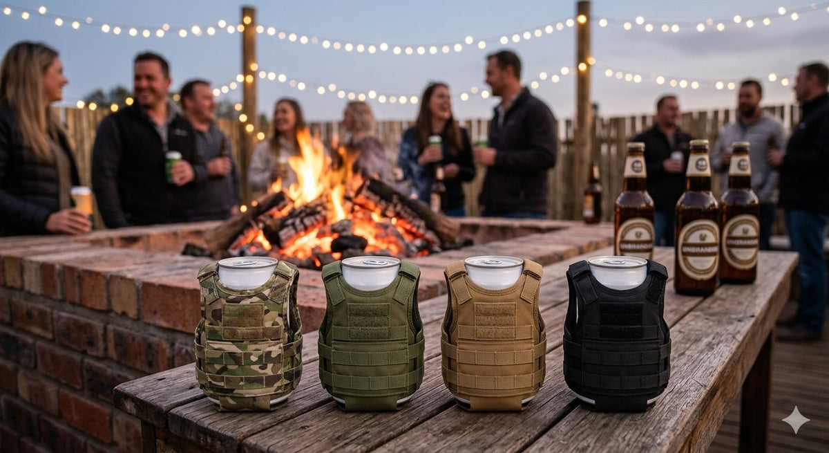 Four tactical beer koozies at a braai fire - Tan, Olive Green, Tan and Black