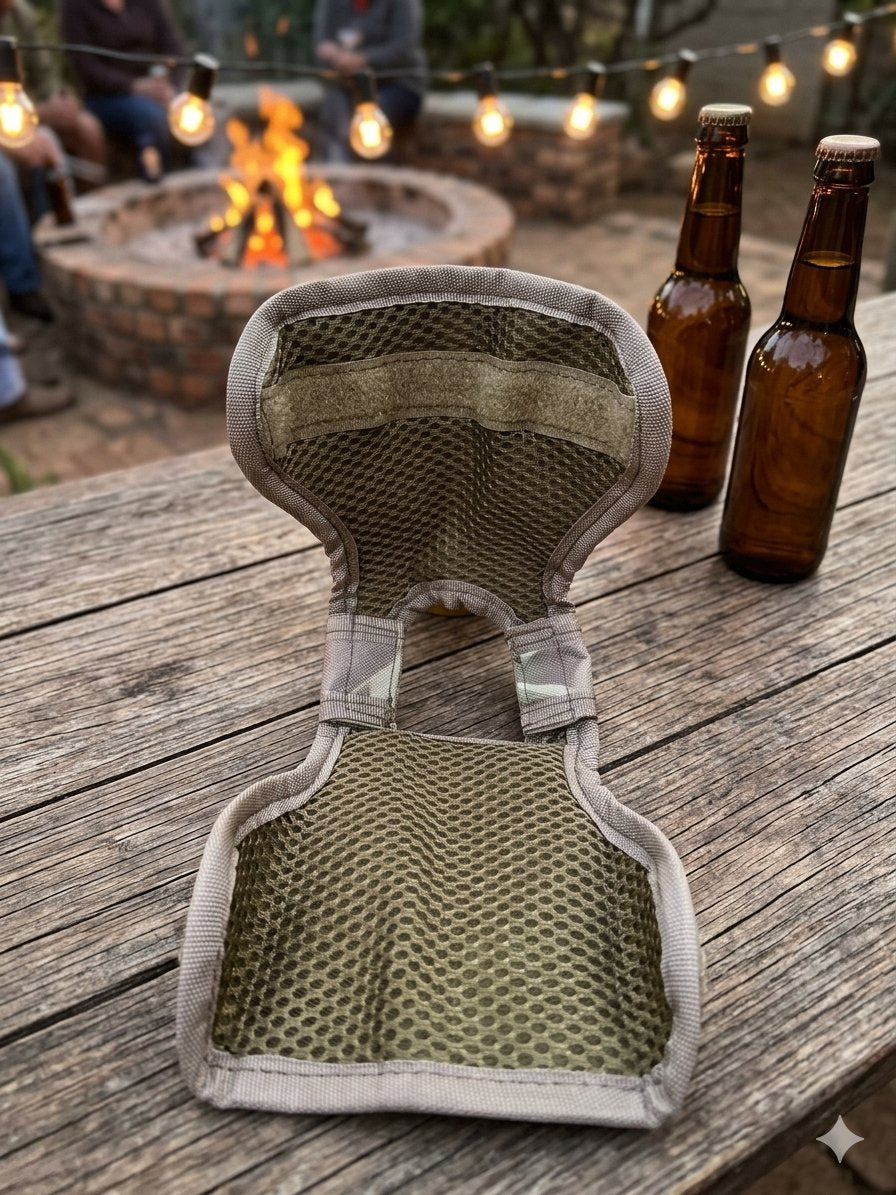 Tactical beer koozie laid flat showing internal mesh lining and velcro straps