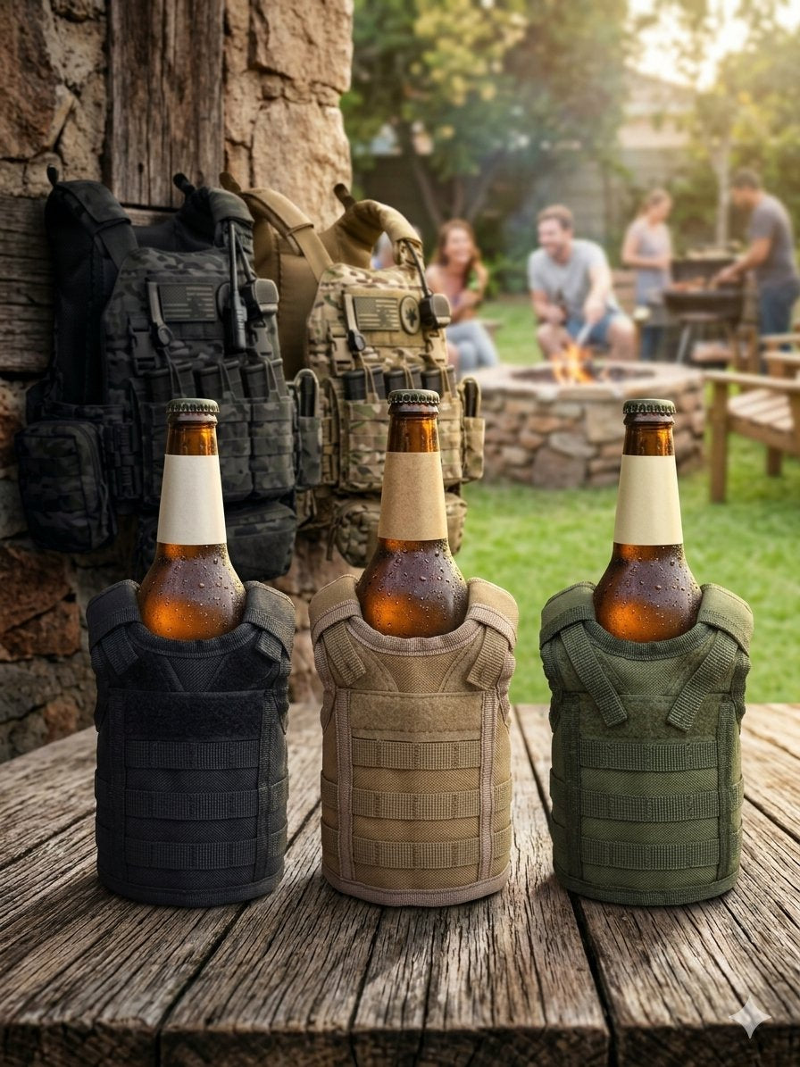 Tactical beer koozie on a beer bottle next to a plate carrier at a braai