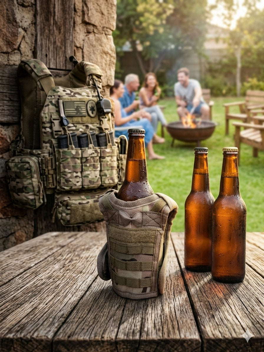 Three tactical beer koozies on bottles - Black, Tan and Olive Green
