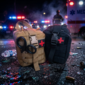 IFAK tactical kit against emergency scene with red and blue lights