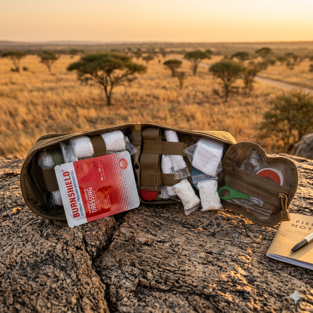 IFAK open contents in African bushveld outdoor setting
