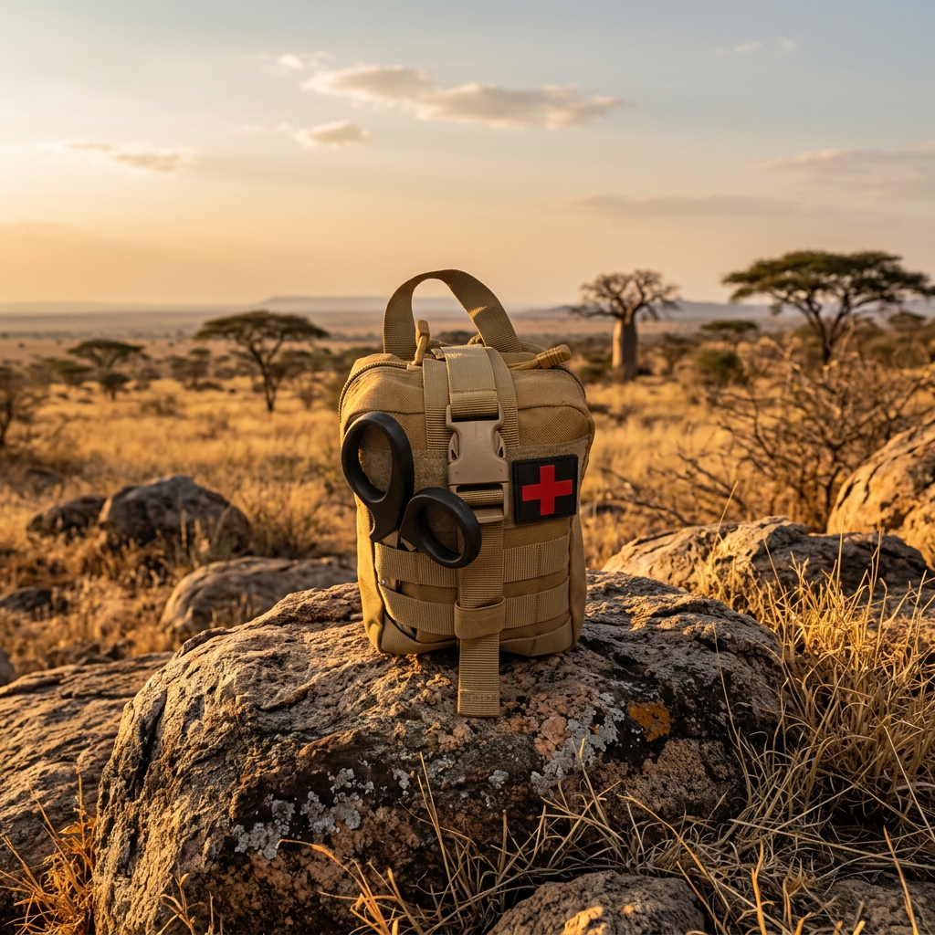 IFAK tactical kit in African bushveld setting with acacia trees